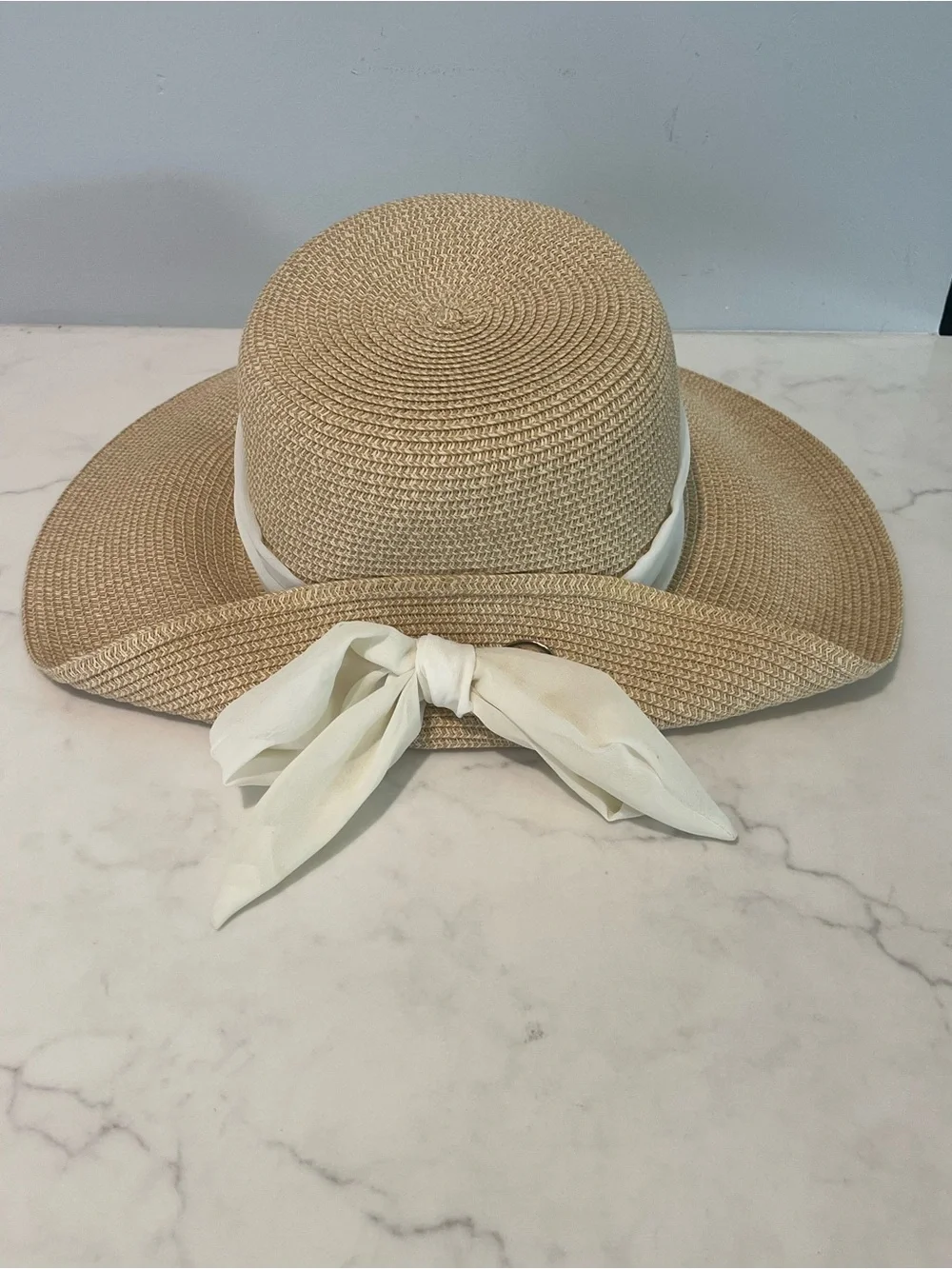 Nine West Beige Straw Sun Hat with White Bow Band